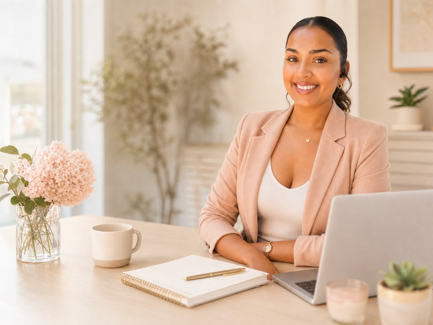 Vidya Davila at a desk for financial consulting
